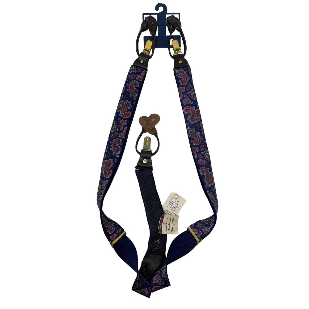 VTG Pelican Blue & Red Paisley Convertible Suspenders Braces Button Attach NWT - Picture 2 of 10